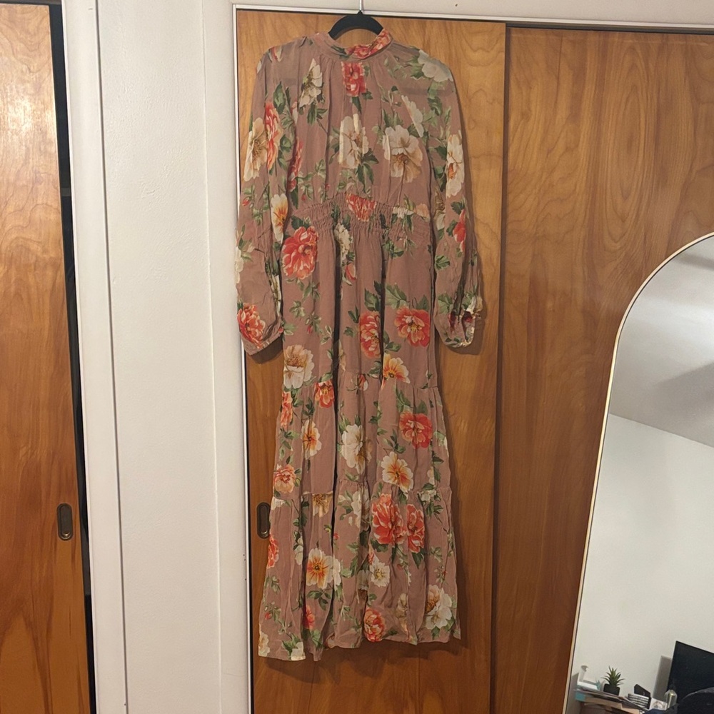 Anthropologie Floral Long Sleeve Dress in Pink and Orange